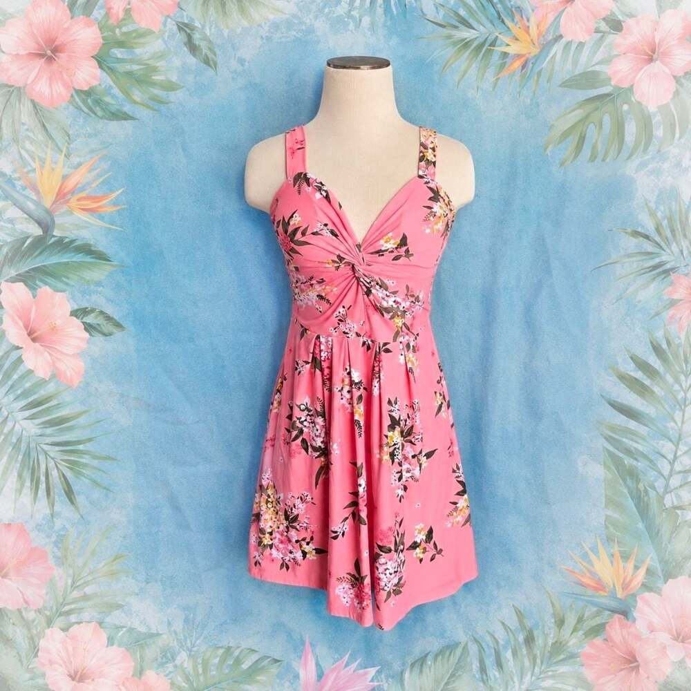 Planet Gold Pink Floral Twist Front Smocked Back Dress Medium